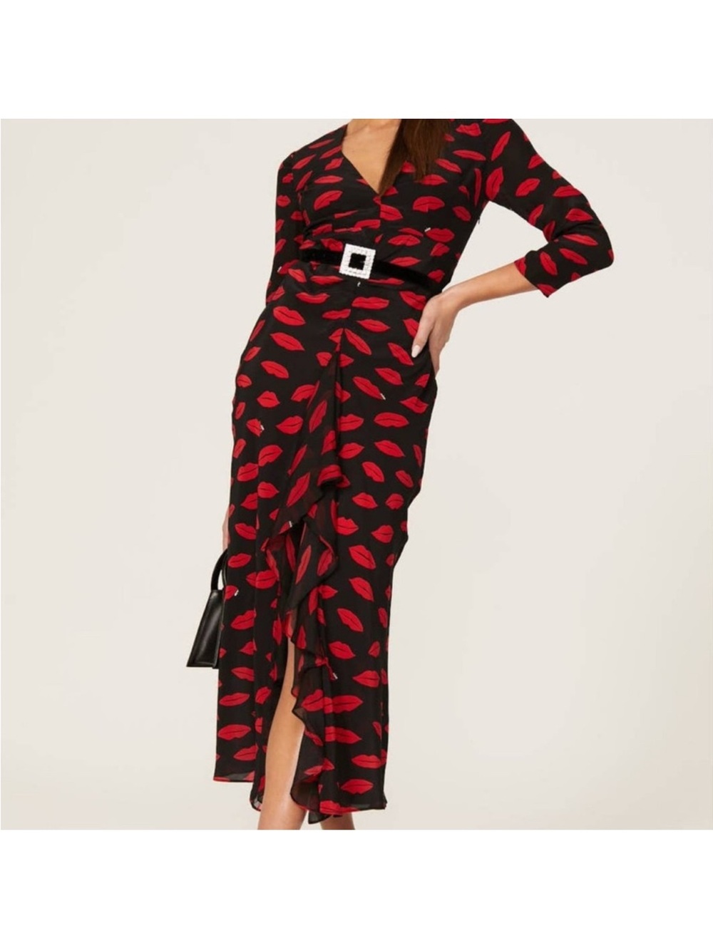 RIXO Black Maxi Dress with Red Lip Print and Ruffle Front